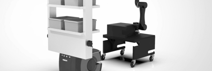 Image of the 6-axis robot on a cart in front of a delivery robot to show the combination of the 2 robots